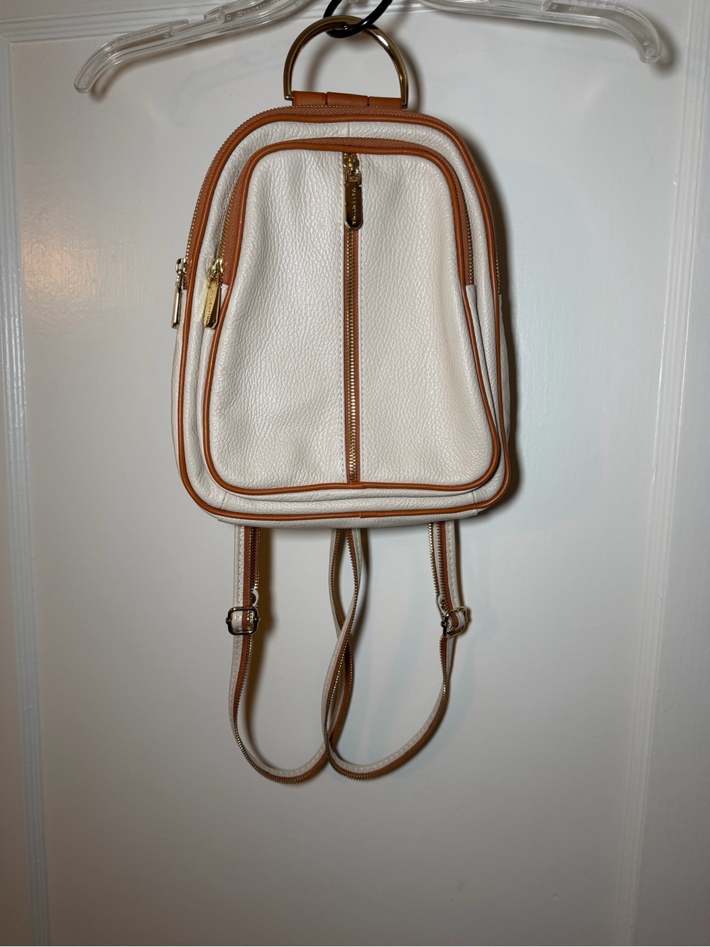 White & Tan Leatherette Mini Backpack - Casual Chic Women’s Bag